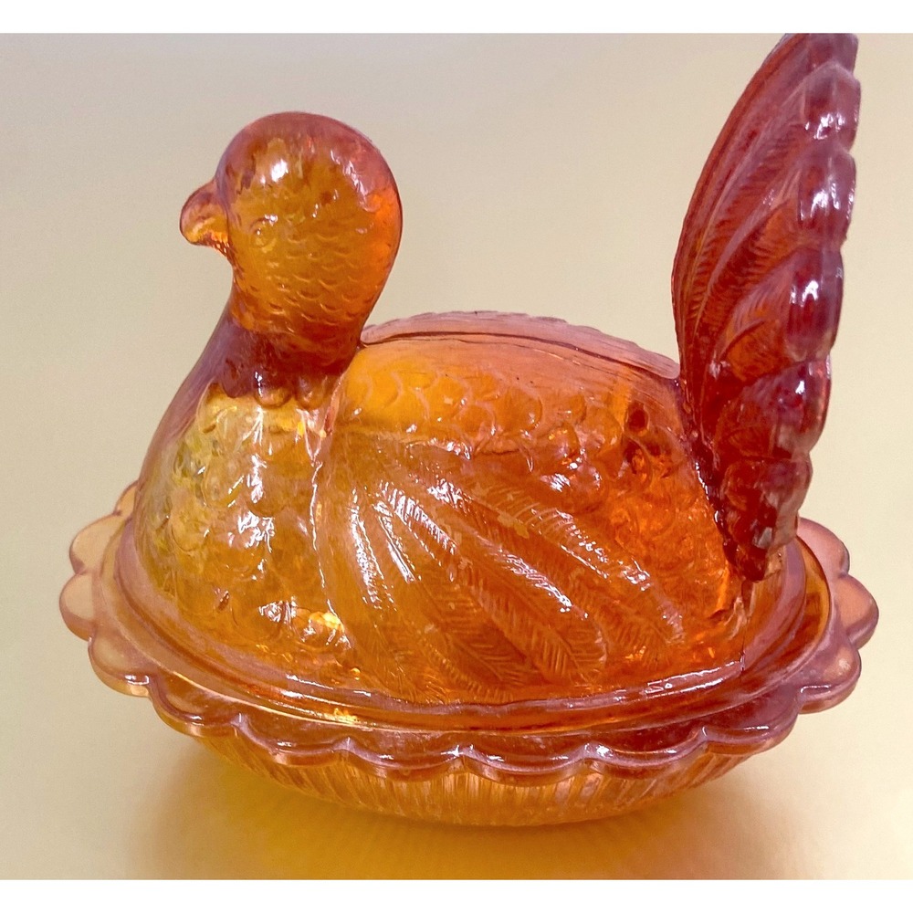 Vintage Indiana Amber Glass‎ Turkey on A Nest Candy Dish Set Thanksgiving Decor